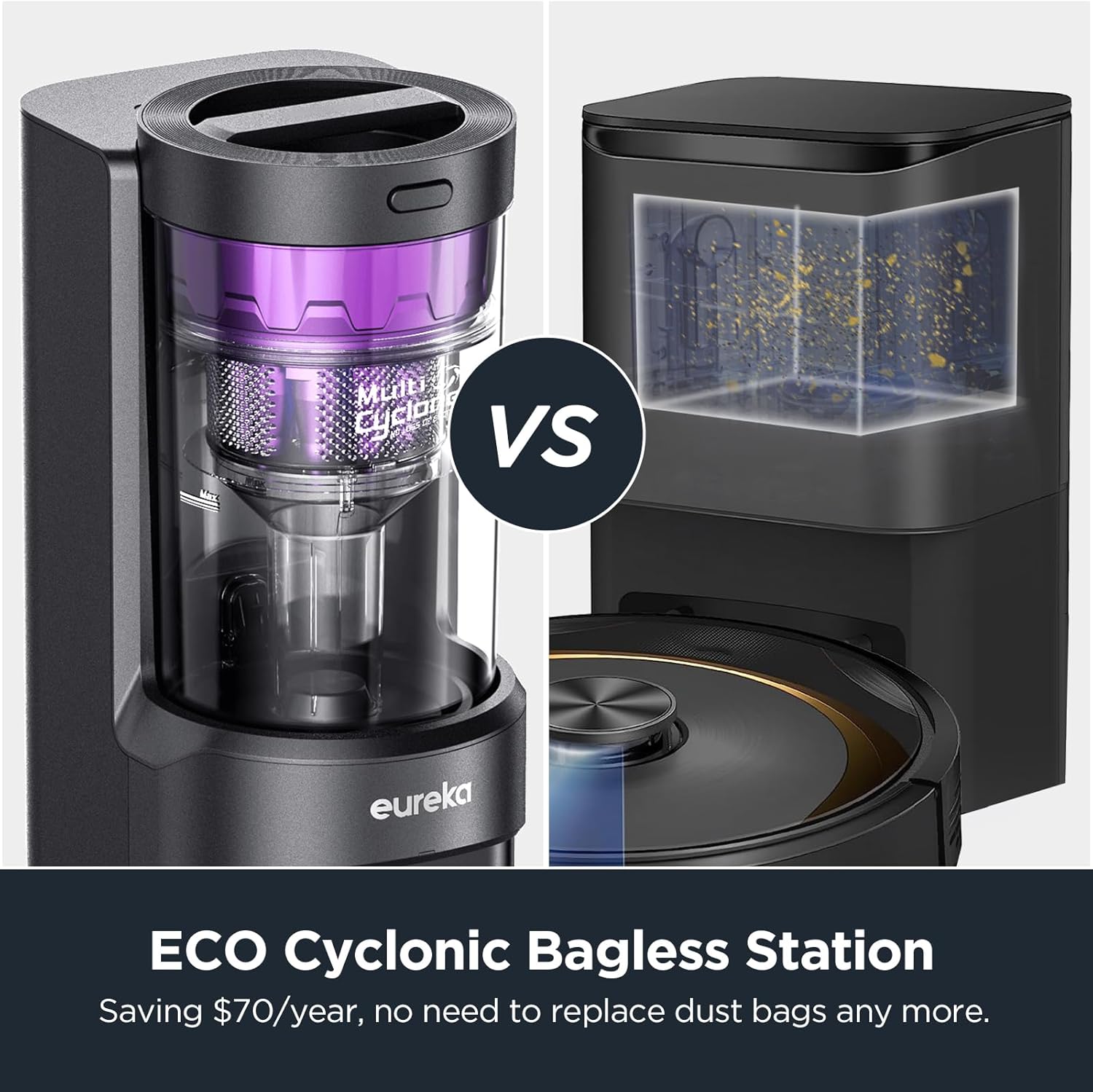 The Eureka E10S robot vacuum is pictured in front of its clear bin station full of debris.