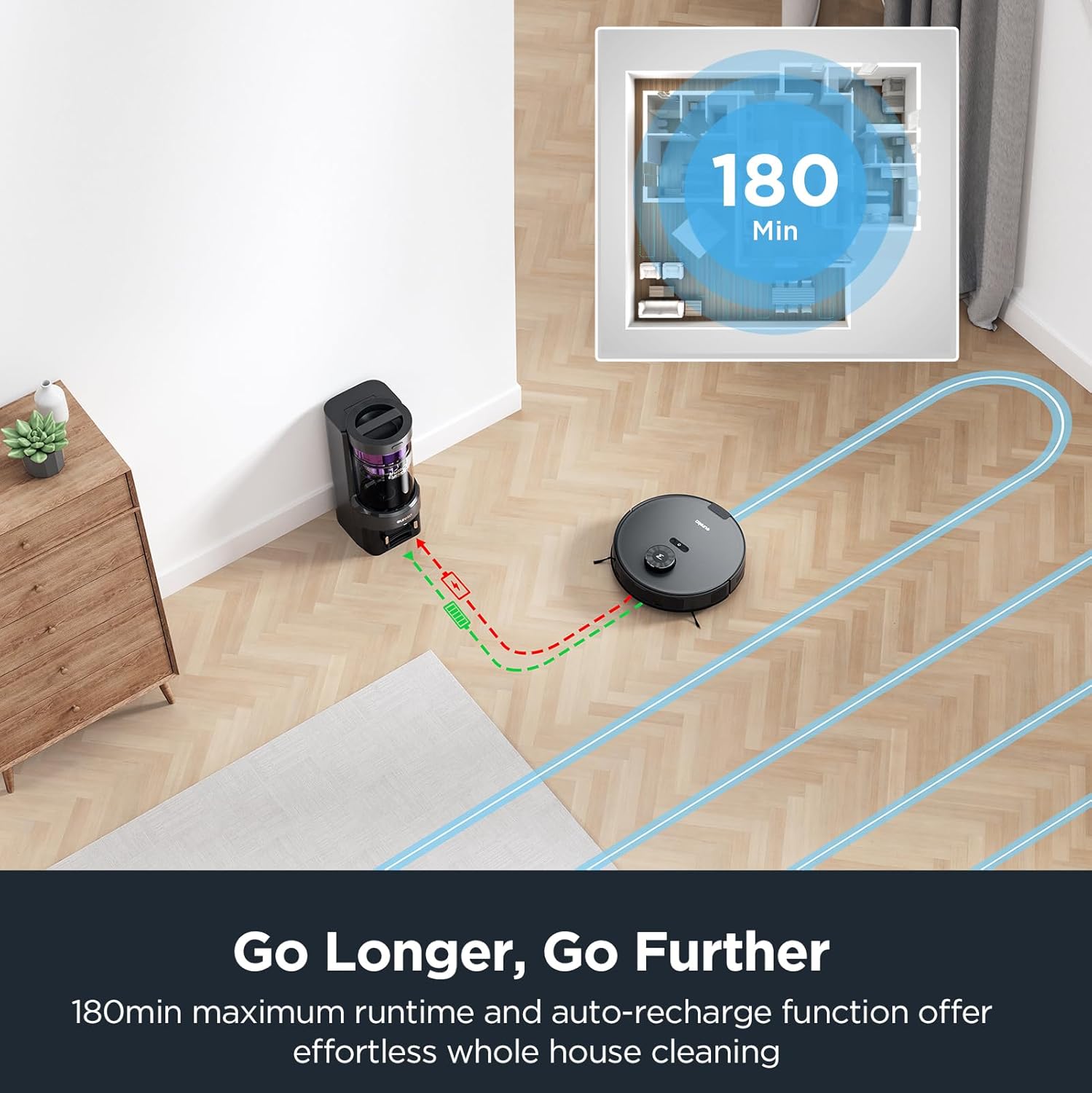 A screenshot from the Eureka E10S robot vacuum's app shows a detailed map of an area with a indication of the battery level